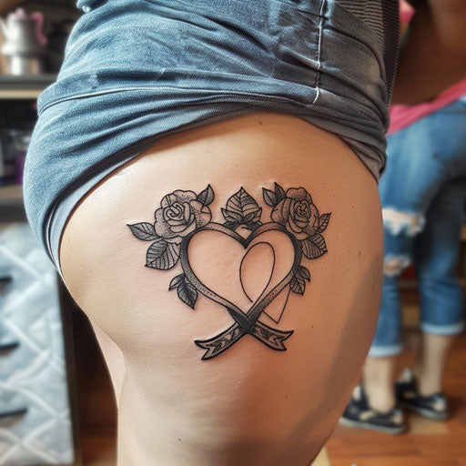 Heart tattoo with ribbon and loved one's name, Ami James style