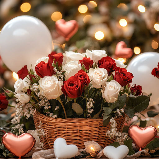 Basket of roses and other flowers surrounded by heart-shaped balloons