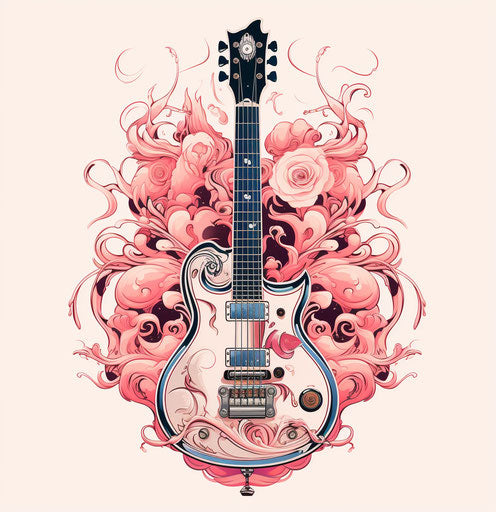 Flaming guitar in light pink style, classic tattoo motifs
