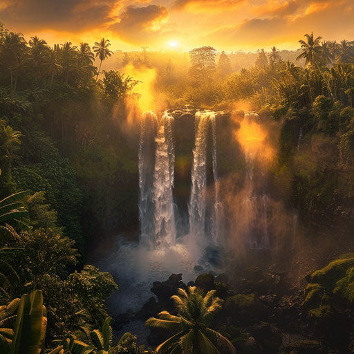 Tegenungan Waterfall with misty spray and sunset glow