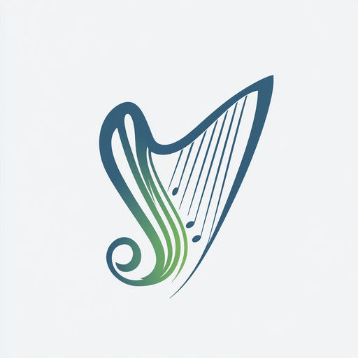 Minimalist music logo with abstract harp and note symbol, contemporary typography, blue and green, on light gray background