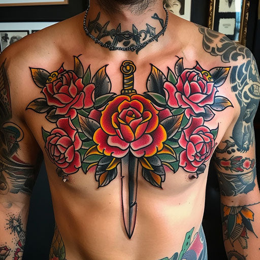 Men's chest tattoo traditional roses and daggers