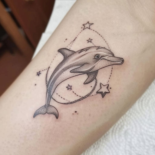 Sailor-style dolphin tattoo with stars and ropes