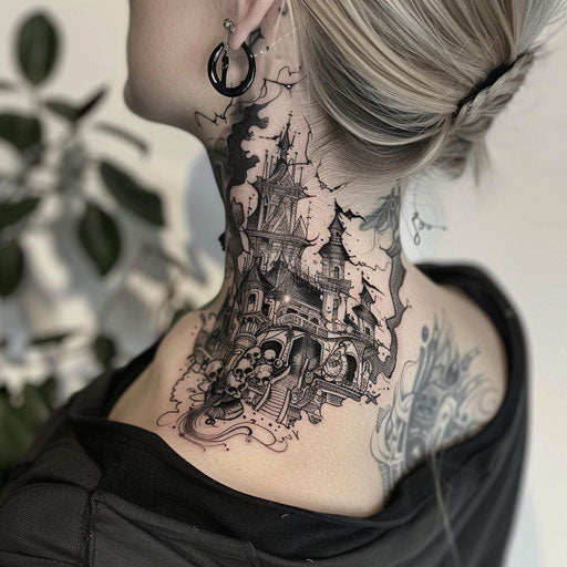 Neck tattoos for women in the style of Humberto Ramos with dynamic action scenes