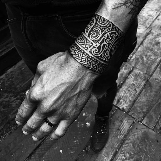 Men's wrist tattoos with tribal patterns
