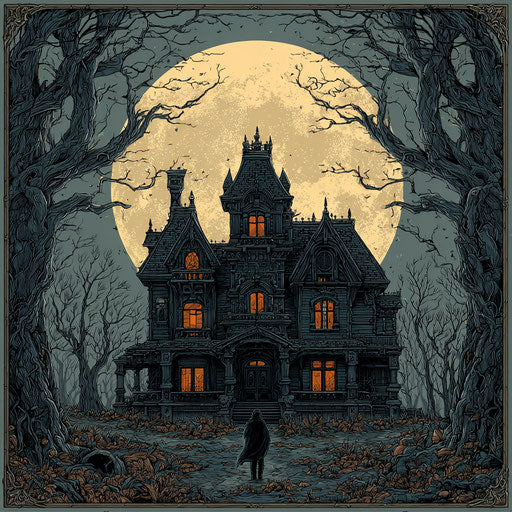 Dark Victorian mansion under the full moon glow
