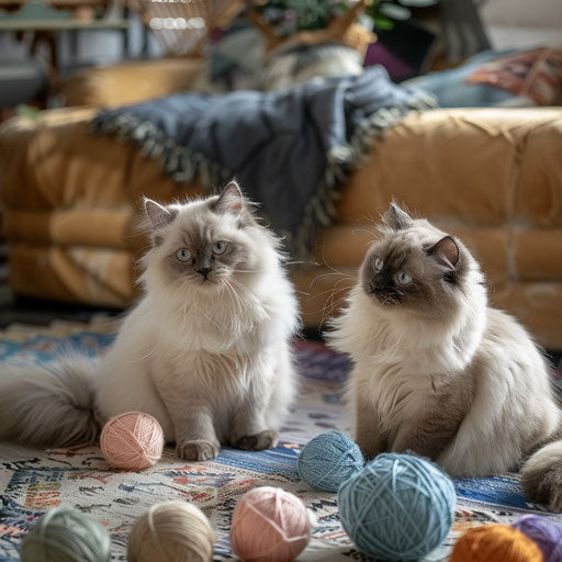Two Himalayan cats playing with yarn balls in a cozy living room