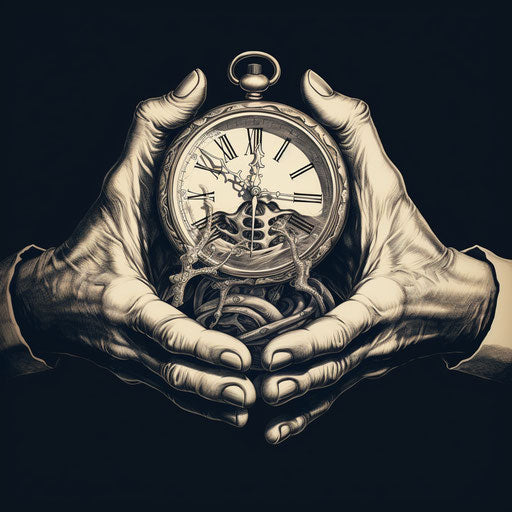 Aged skeletal hand grasping pocket watch