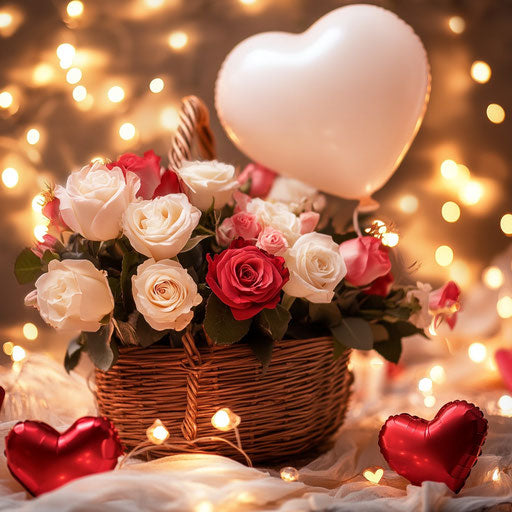 Basket of roses and other flowers with heart-shaped balloons