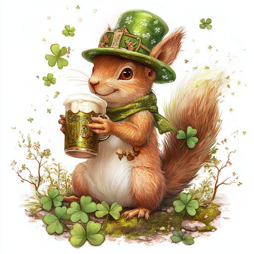St. Patrick's Day squirrel with hat and beer