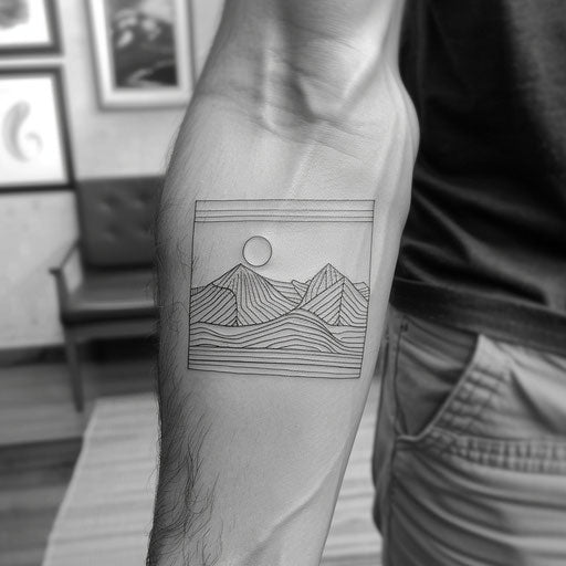 Bold flat tattoo sketch of a mountain landscape
