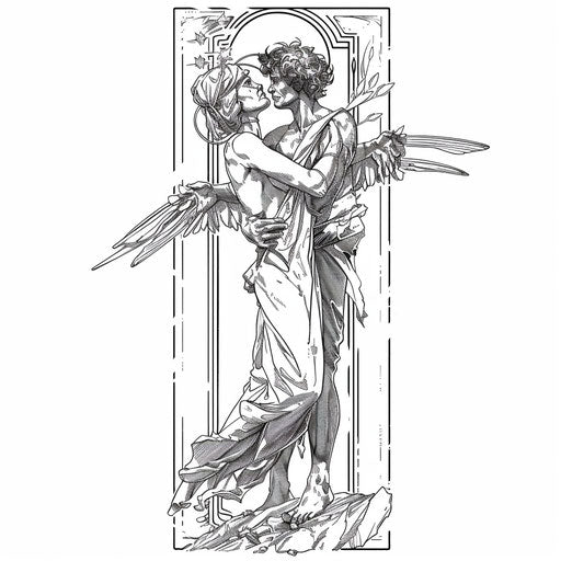 Sketch of lovers tarot card for tattoo with minimalist black ink