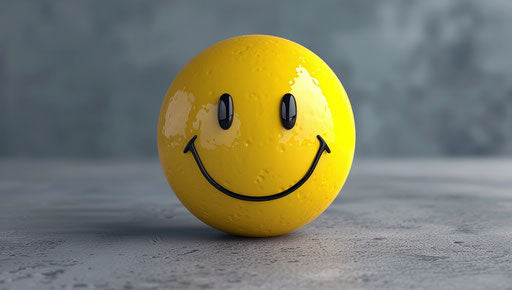 Yellow smiley on grey background, vray tracing style, exaggerated poses