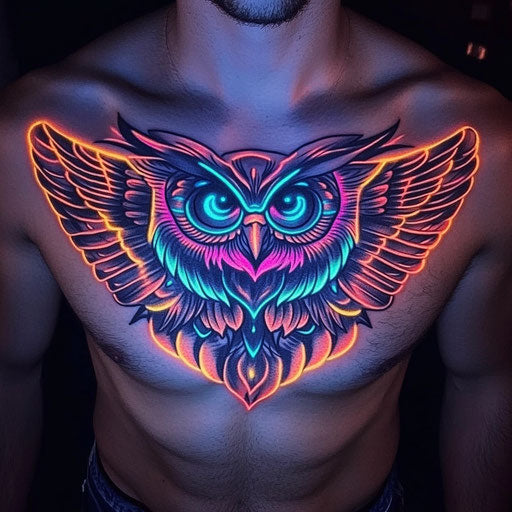 Owl chest tattoo in clipart style with neon colors