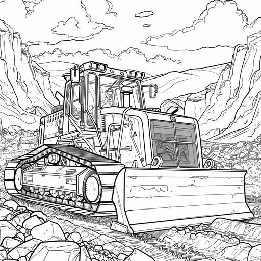 Detailed illustration of a bulldozer pushing dirt at a mine