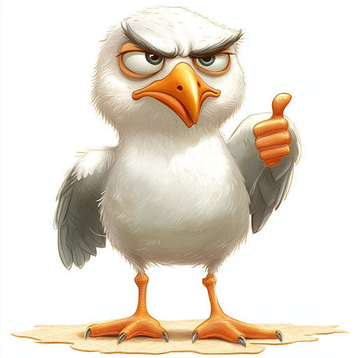 Humorous caricature of a seagull with human characteristics playing with a toy