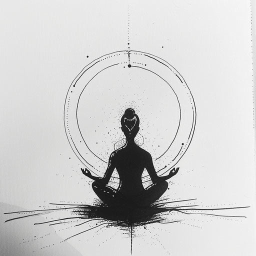 Minimalist black and white tattoo sketch of a soul in tranquil meditation