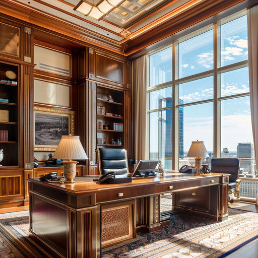 Luxurious executive office with mahogany furniture and city view