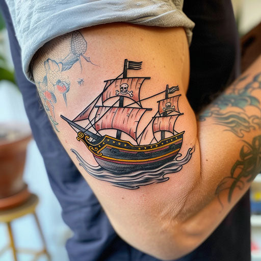Pirate ship tattoo on the bicep