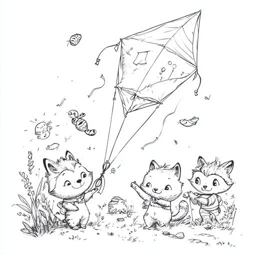 Playful kite with cartoon animals holding the string
