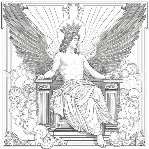 Majestic angel with a crown, seated on a celestial throne