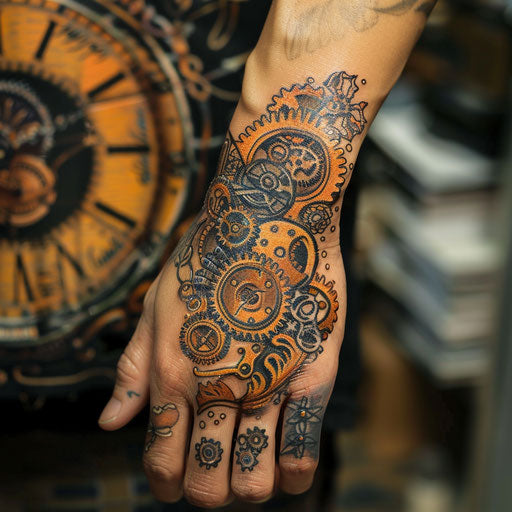 Clockwork gears wrist tattoo