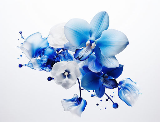 Blue orchid flower on white background, in the style of Ingrid Baars, UHD image, colorized, dynamic color schemes, felinecore 38:29