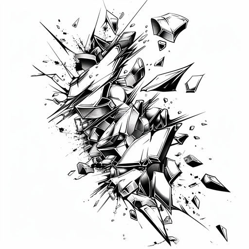 Dynamic tattoo sketch of a shattered mirror floating away in bold black and white
