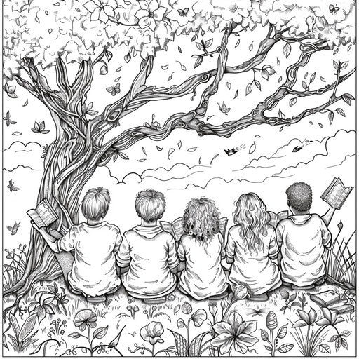 Friends reading under a tree, coloring