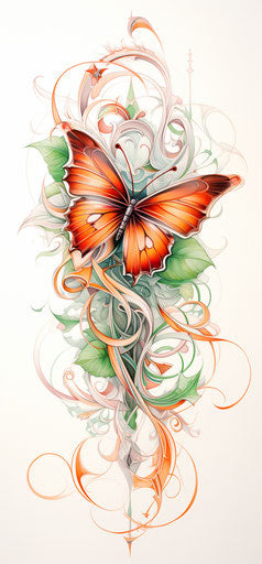 Stylized orange butterfly and green leaves, light green and red style