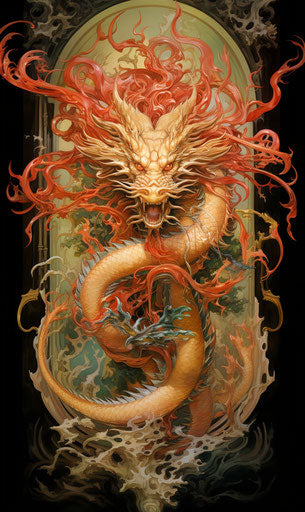 Chinese dragon in red, black and gold, Franklin Booth style