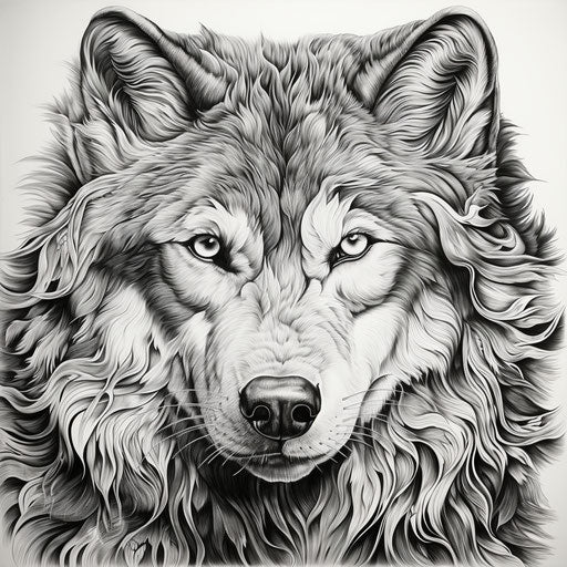 Detailed wolf coloring page, black and white realism