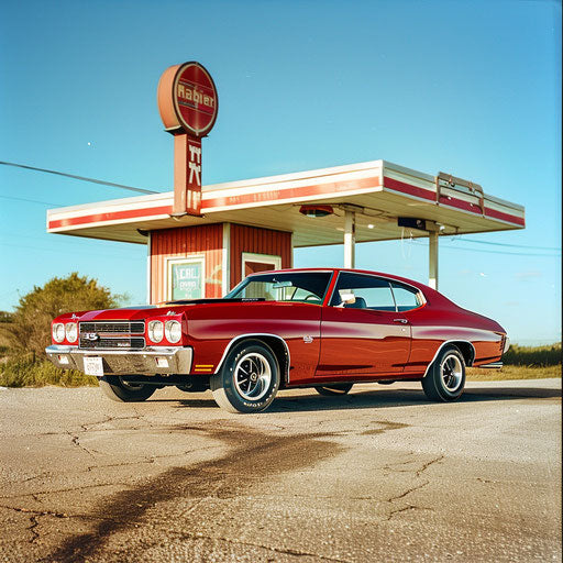 Impeccably restored 1977 Chevelle in cherry red, vintage gas station under clear blue sky