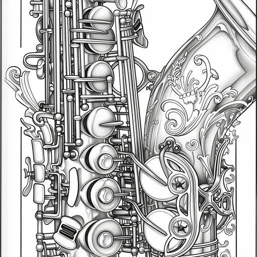 A detailed saxophone with intricate keys. Coloring book page