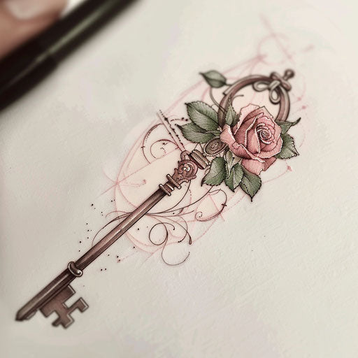 Romantic tattoo sketch of a key with a rose entwined in soft pink and green shades