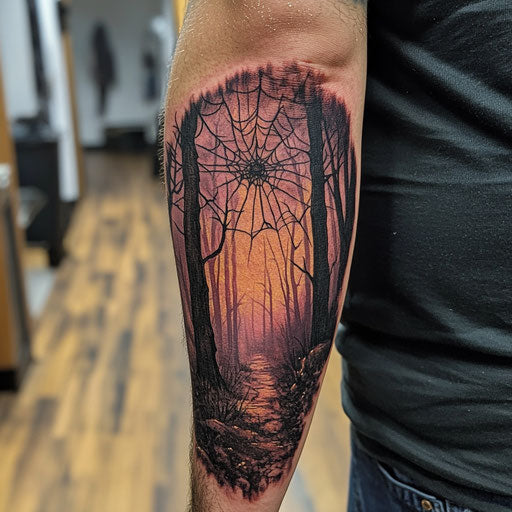 Spider web elbow tattoo with haunted forest imagery