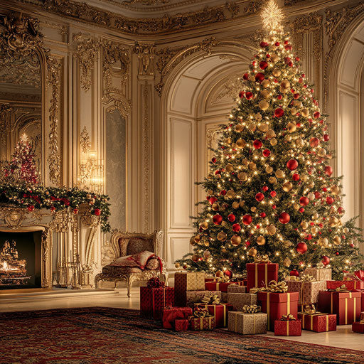 A grand Christmas tree in a luxurious living room, covered in shimmering gold and red ornaments, with presents piled underneath.