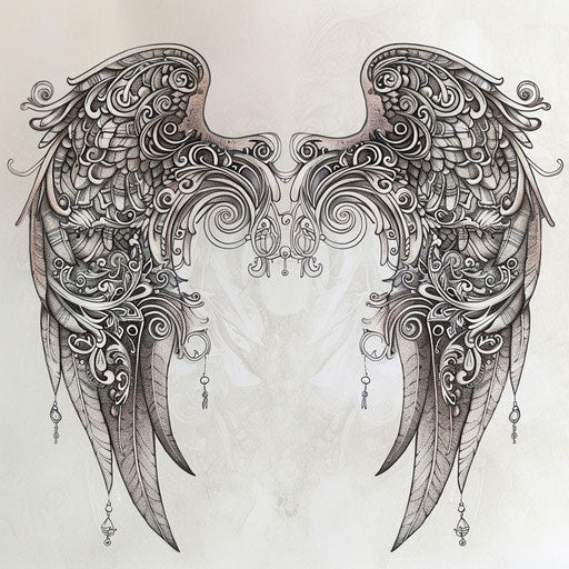 Intricate patterns of art nouveau-inspired angel wings tattoo