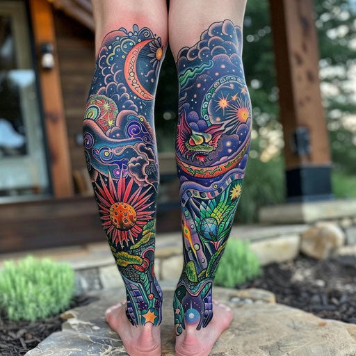 Leg tattoos for women in the style of Guy Aitchison with cosmic, colorful patterns