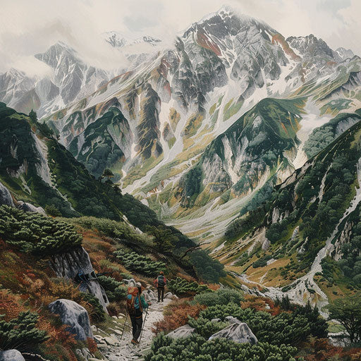 The Japanese Alps with climbers on a rugged trail