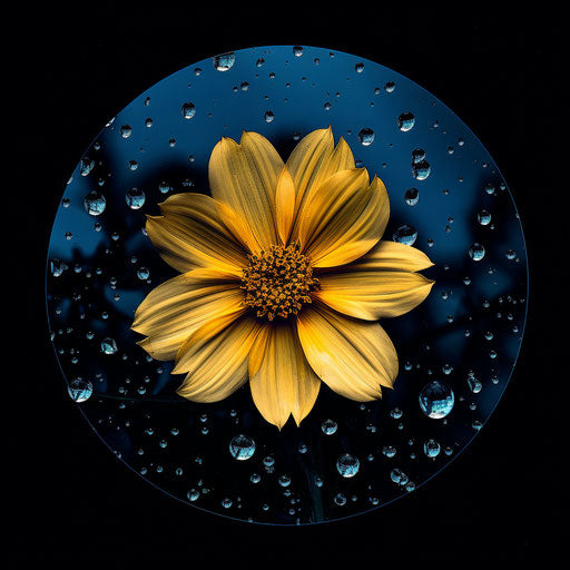 Attractive yellow flower in dark blue and sky circle, poetic realism