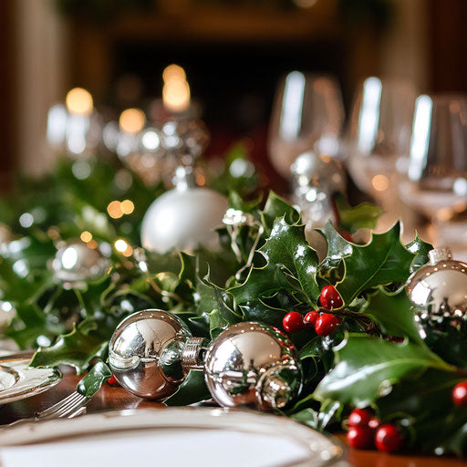 Elegant centerpiece with holly and ivy adorned with silver bells