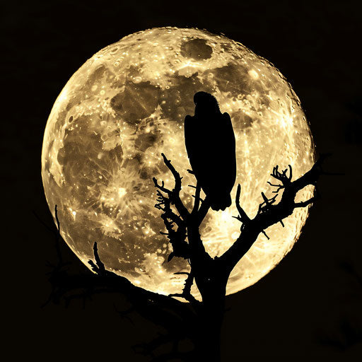 Silhouette of a bald eagle against the full moon, perched on an ancient gnarled tree in a remote wilderness