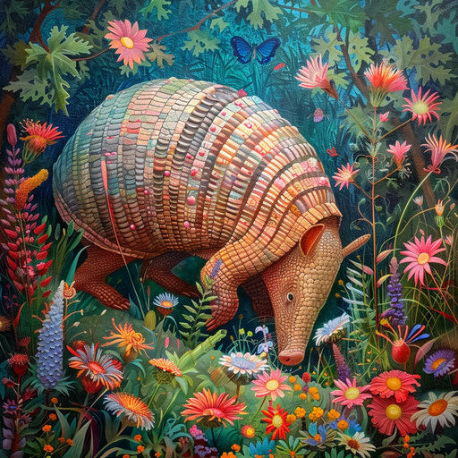 An armadillo explores a colorful wildflower garden