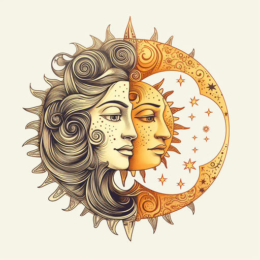 Sun and moon in detailed engraving vintage print style