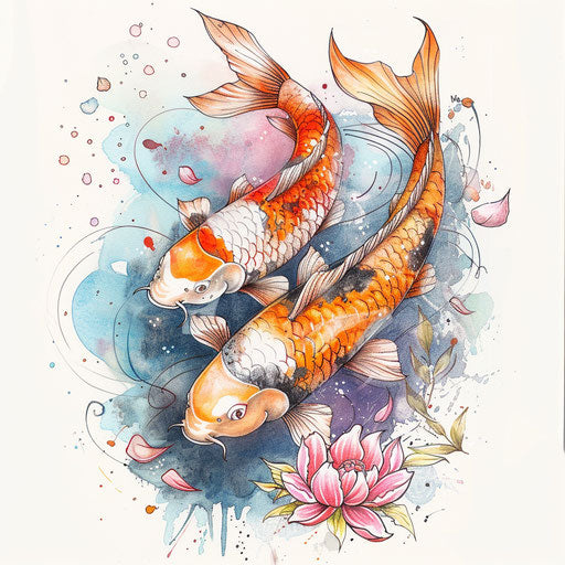 Flat tattoo sketch of Pisces, koi fish in a pond