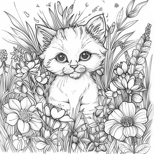 Whimsical kitten in a floral meadow coloring page