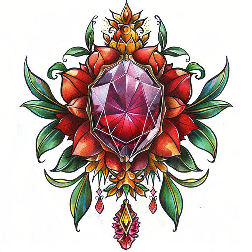 Vibrant tattoo sketch of a ruby in a floral design