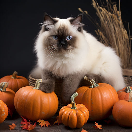 Himalayan cat resting with pumpkins