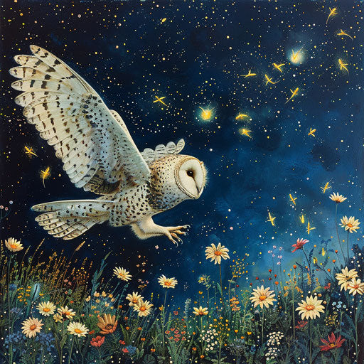 White owl chasing fireflies in wildflower meadow under starry sky